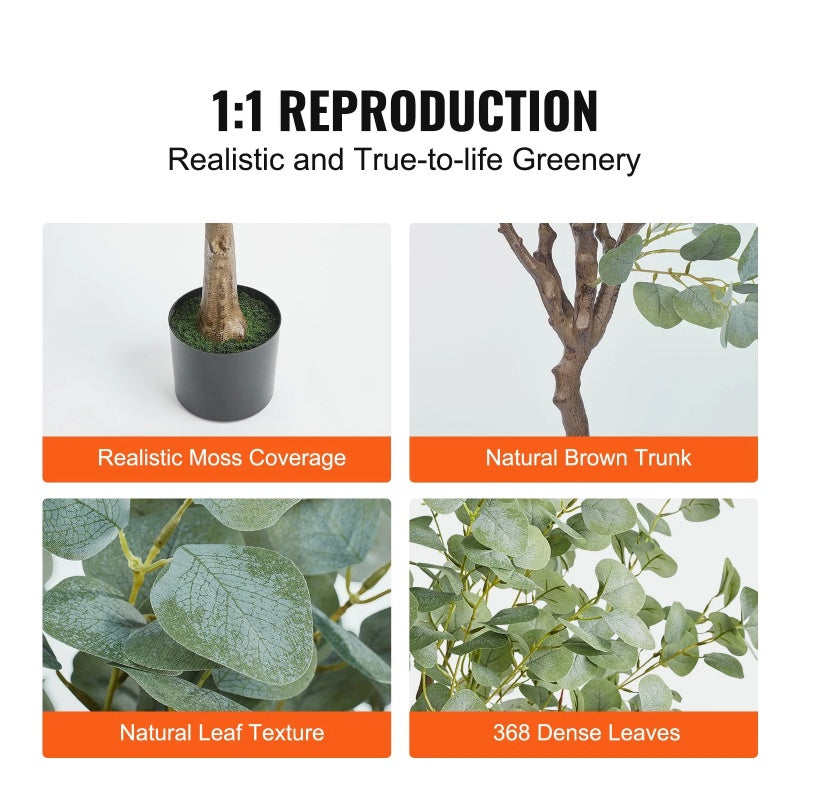 Artificial Eucalyptus Tree, 6 FT Tall Faux Plant, Secure PE Material & Anti-Tip Tilt Protection Low-Maintenance Plant, Lifelike Green Fake Potted Tree For Home Office Decor Indoor Outdoor
