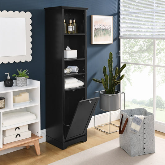 Floor Standing Cabinet For Living Room Bathroom Home Office Kitchen, 4 Adjustable Shelves & Laundry Hamper, Hidden Clothes Storage Space, Black